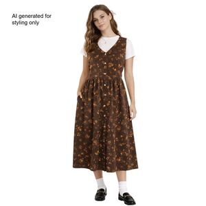 VTG 80s Brown Floral Corduroy Pinafore Overall Dress Cottagecore Size 6